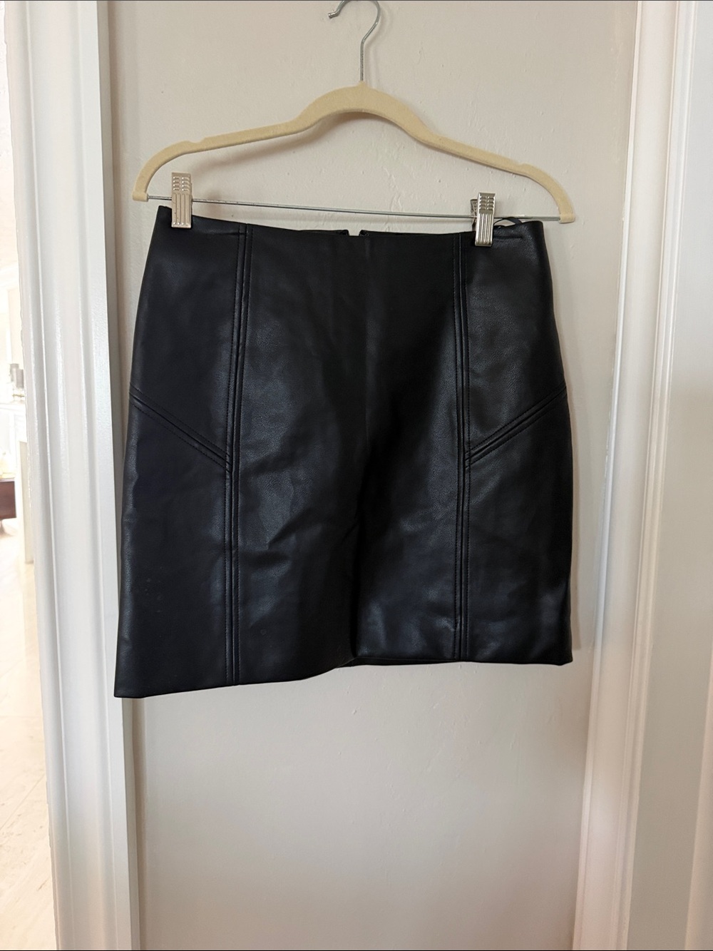 bagatelle Black Faux Leather Mini Skirt with Panel Stitching